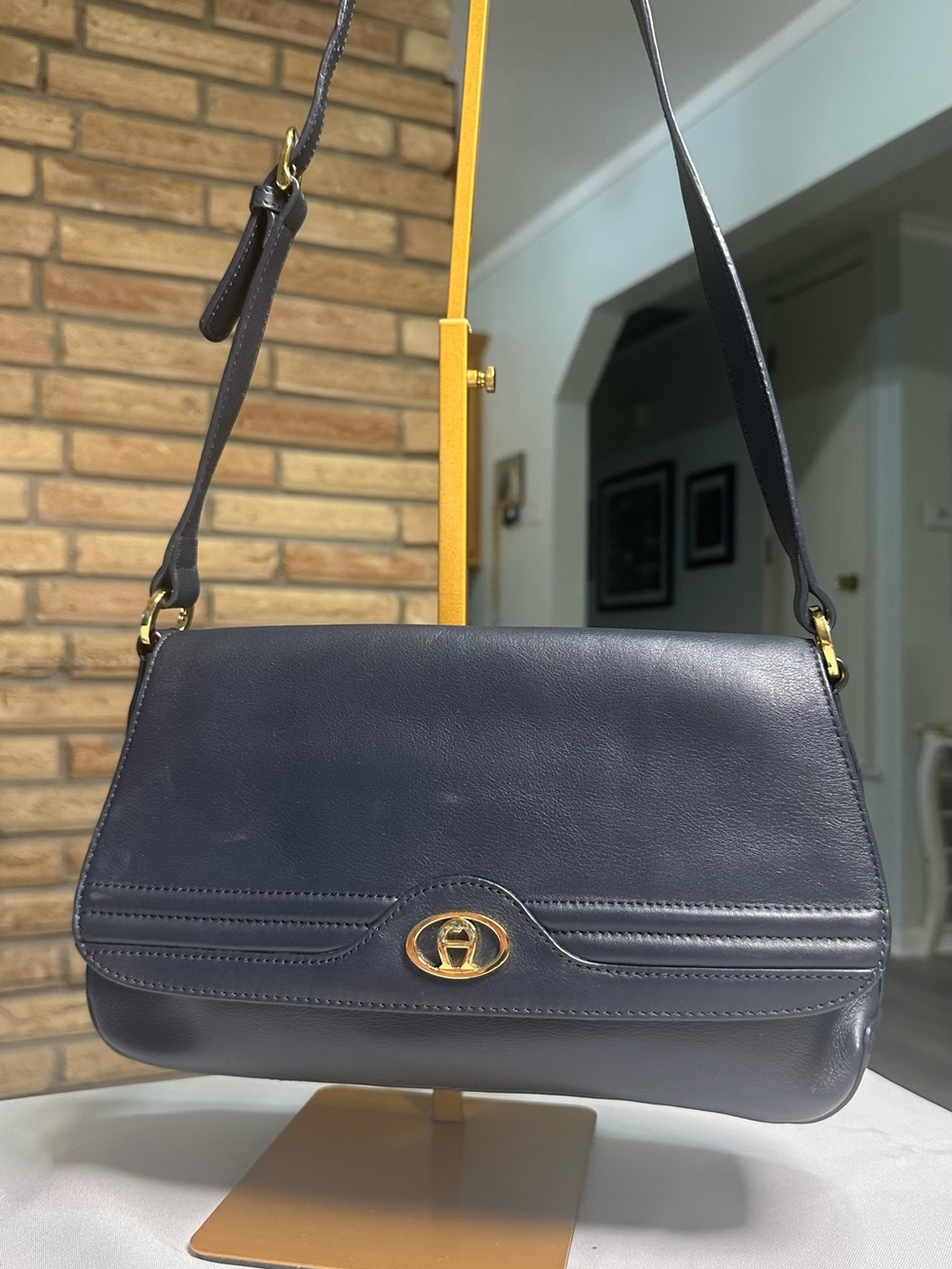 Etienne Aigner Navy Leather Shoulder Bag with Gold Hardware